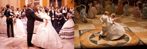 Wright says scenes from The Leopard, left, were an influence on his ballroom scene, right