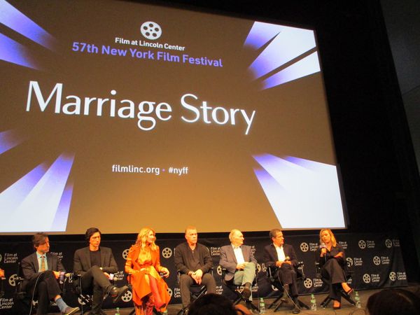 Marriage Story director Noah Baumbach with Adam Driver, Laura Dern, Ray Liotta, Alan Alda, producer David Heyman and Scarlett Johansson