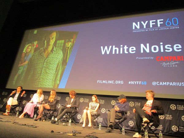 White Noise director Noah Baumbach with stars Greta Gerwig, Raffey Cassidy, Sam Nivola, May Nivola, composer Danny Elfman, and James Murphy (LCD Soundsystem)