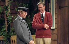 Fred Rogers having a laugh with postman Mr. McFeely (David Newell).