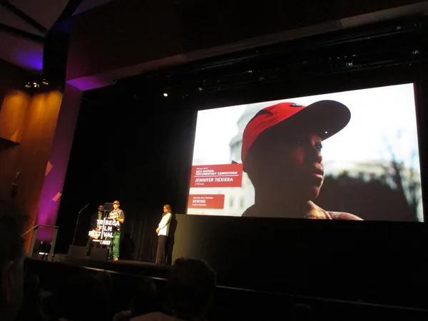 17 Blocks director Davy Rothbart accepts Best Documentary Editing Award on behalf of Jennifer Tiexiera at the Tribeca Film Festival