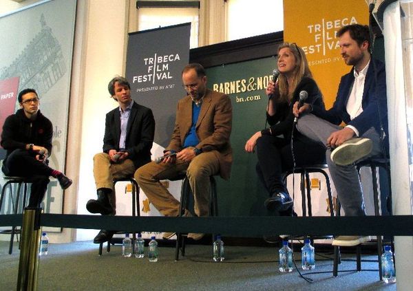 l - r Eric Kohn with Marshall Curry, Ira Sachs, Sofia Norlin and Orlando von Einsiedel at the Tribeca Talks: Calling The Shots.