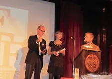 Anthony Rapp congratulates producer Frédéric de Goldschmidt and director Amélie van Elmbt at the First Time Fest Awards