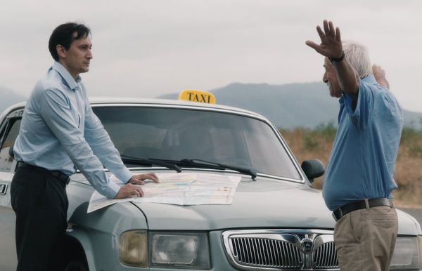 Alain Delage’s (Grégoire Colin) taxi driver (Grigoriy Gasparyan) flaps his wings in Nora Martirosyan’s Should The Wind Drop (Si Le Vent Tombe), Armenia’s Oscar submission