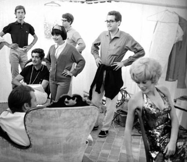 Jacques Demy, Agnès Varda, Michel Legrand, and Catherine Deneuve on the set of The Young Girls Of Rochefort