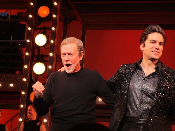 Broadhurst Theatre curtain call for a jubilant Mark Jacoby (Neil Diamond now) and Will Swenson (Neil Diamond then) in A Beautiful Noise: The Neil Diamond Musical, book by Anthony McCarten, directed by Michael Mayer