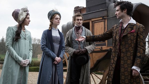 Bel Powley as Claire Clairmont, Elle Fanning as Mary Shelley, Douglas Booth Percy Shelley, and Tom Sturridge as Lord Byron in Mary Shelley