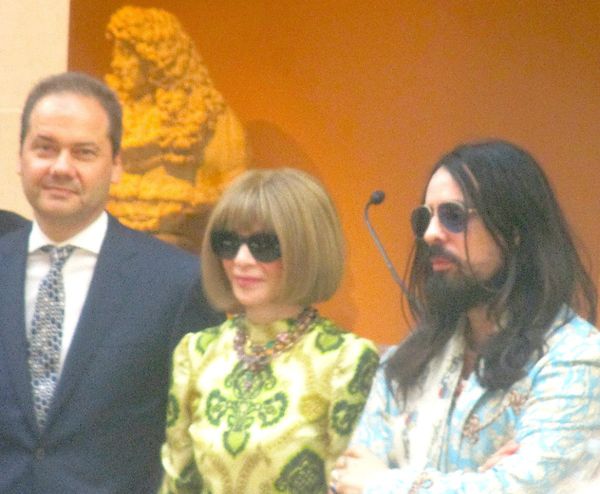 The Metropolitan Museum of Art Director Max Hollein with Camp: Notes On Fashion Co-Chairs Vogue Editor-in-Chief Anna Wintour, and Gucci Creative Director Alessandro Michele at the press preview
