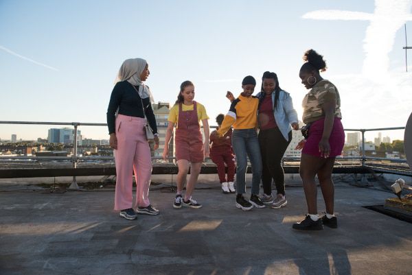 Bukky Bakray as Rocks (blue denim) with her crew in the film. Sarah Gavron: 'I had a whole support structure in terms of harnessing that energy but I definitely lost my voice more than I've ever lost my voice on a shoot before'