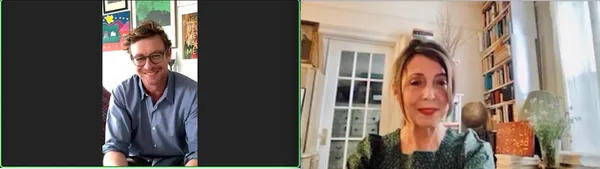 Blaze star and executive producer Simon Baker (in front of a Rosemary’s Baby poster) with Anne-Katrin Titze on Del Kathryn Barton: “She’s quite a celebrated artist in Australia. I got sent the script and it was unlike any script I have ever read before.”