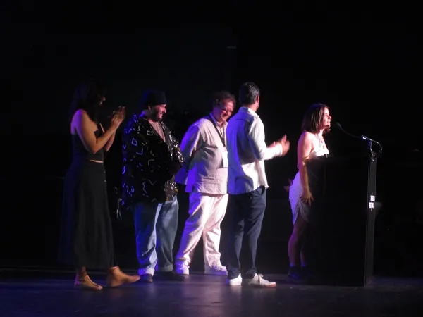 Tribeca Film Festival Artistic Director Frédéric Boyer with Taís Augusto, Lucas Coelho, Guto Parente and Ticiana Augusto Lima from A Strange Path accepting the Best Cinematography Award for Linga Acácio
