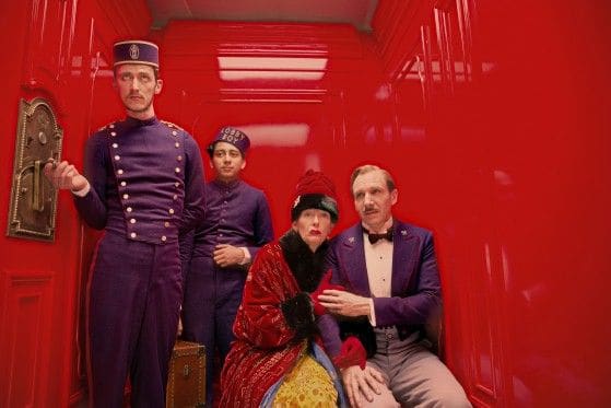 Paul Schlase, Tony Revolori, Tilda Swinton and Ralph Fiennes in Wes Anderson's The Grand Budapest Hotel