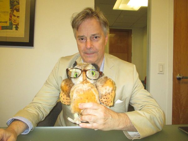 Whit Stillman with Anne-Katrin Titze's Steiff owl, relative of the owlet seen in Metropolitan‪: "It's really important in cinema because a significant prop gives you so much and you don't have to direct it too much."