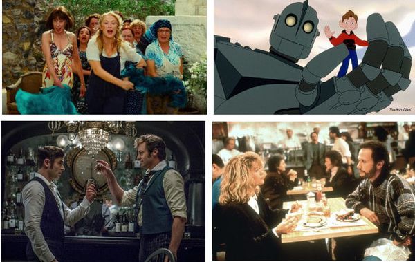 Clockwise from top: Mamma Mia!, The Iron Giant, When Harry Met Sally and The Greatest Showman