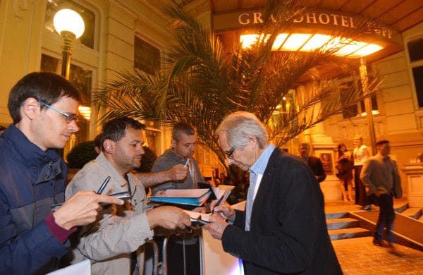 Ken Loach meets the fans outside the Grand Hotel Pupp at the Karlovy Vary International Film Festival