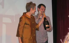 Amy Nicholson with co-editor John Young accepting First Time Fest Outstanding Achievement in Editing Award