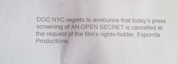 An Open Secret press screening cancellation