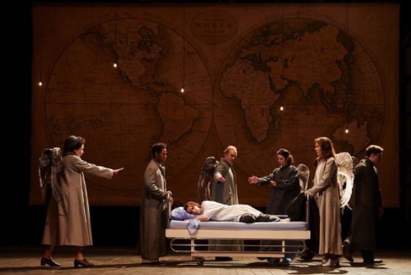 Dominique Blanc, Gaël Kamilindi, Clément Hervieu-Léger, Michel Vuillermoz, Jennifer Decker, Florence Viala, and Christophe Montenez in Tony Kushner’s Angels In America, directed by Arnaud Desplechin at the Comédie-Française