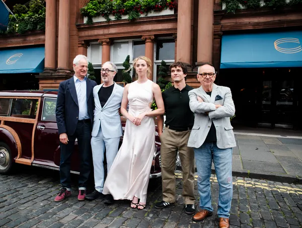 Borges and Me team line-up outside the Caledonian Hotel before heading for the film’s world premiere at the Edinburgh International Film Festival - from left Marc Turtletaub, Alan Cumming, Freya Mavor, Fionn Whitehead and Jay Parini