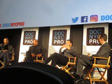 Attorney Bryan Stevenson (Ava DuVernay's Oscar-nominated 13th), Raoul Peck (Oscar-nominated I am Not Your Negro), and Ezra Edelman (Oscar winner O.J.: Made In America) with Thom Powers at the 2016 DOC NYC PRO Short List panel.