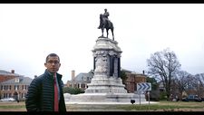 CJ Hunt in front of the Robert E Lee statue in Richmond, Virginia