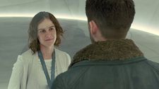 Dr. Ana Stelline (Carla Juri) with ‘K’ (Ryan Gosling) in Blade Runner 2049: “The white and that kind of Japanese pyjama look.”