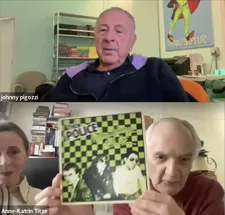 Ed Bahlman shows Jean Pigozzi the first 45 by The Police, given to him by Ian Copeland at Studio 54