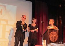 Anthony Rapp congratulates producer Frédéric de Goldschmidt and director Amélie van Elmbt at the First Time Fest Awards