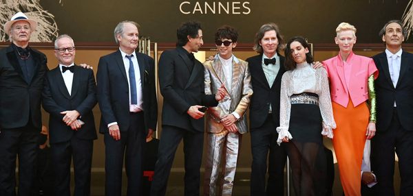 The gang’s all here: From left, Bill Murray, Festival supremo Thierry Frémaux, Hippolyte Girardot, Adrien Brody, Timothée Chalamet, Wes Anderson, Lyna Khoudri, Tilda Swinton and Alexandre Desplat