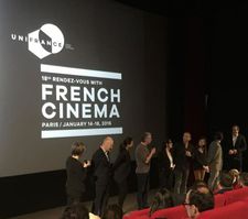 Lining up at the Gaumont Opera Capucines - the team from A Mighty Team with Unifrance’s
 Jean-Paul Salomé and Isabelle Giordano (second and third from left).