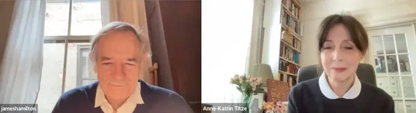 DW Young’s Uncropped star, renowned photojournalist James Hamilton with Anne-Katrin Titze on his Diane Keaton connection: “Her cat is named Buster, as is mine. Named for the same Keaton.”