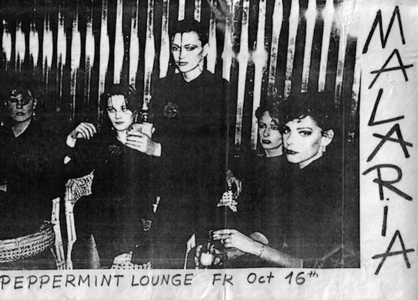 B-Movie: Lust & Sound in West-Berlin 1979-1989 featured band Malaria! (Manon P Duursma, Bettina Köster, Gudrun Gut, Christine Hahn, Susanne Kuhnke), photographed at Studio 54 for their 1981 Peppermint Lounge show