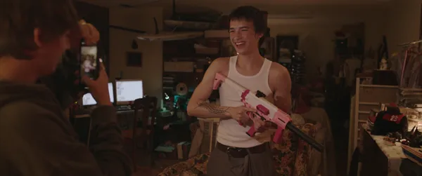Kit (Landon Tunold) takes a photo of Joey (Harris Lowe). Wayne Wapeemukwa says they settled on the settled on the FGC9 gun, 'FGC stands for Fuck Gun Control, so that gives you a sense of the kind of people involved'