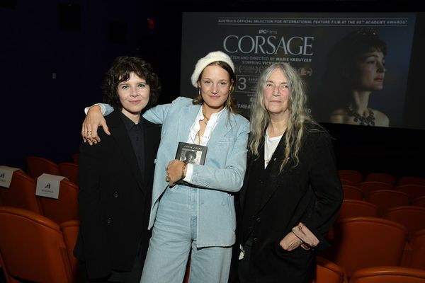 Marie Kreutzer and Vicky Krieps (holding Patti’s A Book of Days) with Patti Smith, the host of a preview screening of Corsage (Austria’s shortlisted Oscar entry) at the Crosby Street Hotel in New York