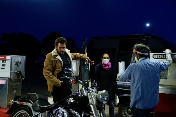 Shirin Neshat with Matt Dillon and cinematographer Ghasem Ebrahimian on the set of Land Of Dreams, co-directed with Shoja Azari, screenplay by Jean-Claude Carrière and Azari