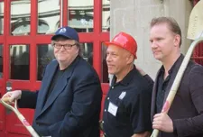 Michael Moore with Jon Alpert and Morgan Spurlock DCTV groundbreaking