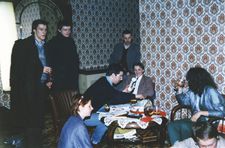 Joy Division’s Stephen Morris, Ian Curtis and Peter Hook with Mark Reeder while their manager Rob Gretton makes a phone call