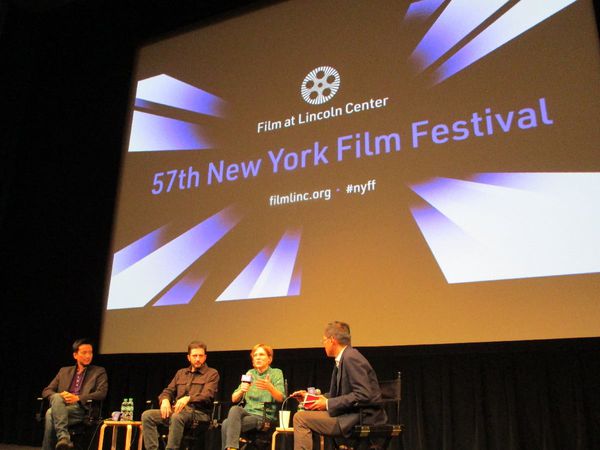 First Cow director Kelly Reichardt with Orion Lee, John Magaro and Film at Lincoln Center Director of Programing Dennis Lim