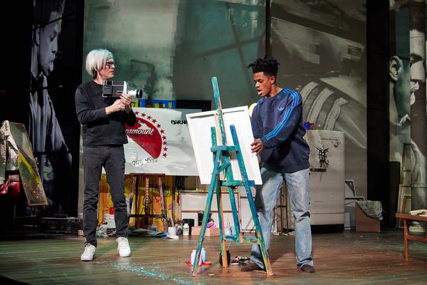 Andy Warhol (Paul Bettany) filming Jean-Michel Basquiat (Jeremy Pope) in Anthony McCarten’s The Collaboration, directed by Kwame Kwei-Armah