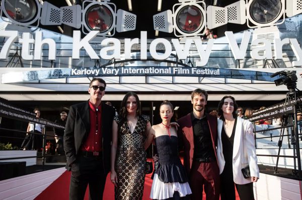 Red Rooms on the red carpet: (from left) director of photography Vincent Biron, actors Juliette Gariépy and Laurie Babin, director Pascal Plante and producer Dominique Dussault