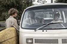 Pikelet (Samson Coulter) with Sando (Simon Baker) and Loonie (Ben Spence): "As Sando drives away, the first thing he does is look at Loonie …"