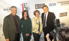 Anne-Katrin Titze (in the Yigal Azrouël green dress) with David Schwartz, Stephanie Zacharek, and Nicholas Haden-Guest on the First Time Fest red carpet