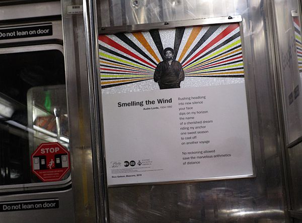 Dagmar Schultz on Audre Lorde and James Baldwin: “There are murals at 167th Street of Baldwin and Audre in the subway.” (pictured Audre Lorde’s poem Smelling The Wind in a number 6 subway car going up to Hunter College)