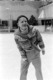 Truman Capote ice skating at Rockefeller Center