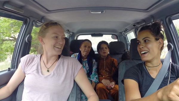 Hannah, Cat and some hitchhikers. Cat Haigh: 'We genuinely did just pick up local hitchhikers, or someone would say, “Oh, you want to come and speak to my mum”, and it just snowballed from that'