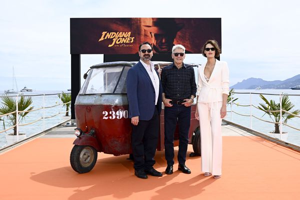James Mangold, Harrison Ford, and Phoebe Waller-Bridge attend Indiana Jones and The Dial Of Destinyphotocall at Carlton Pier, Cannes