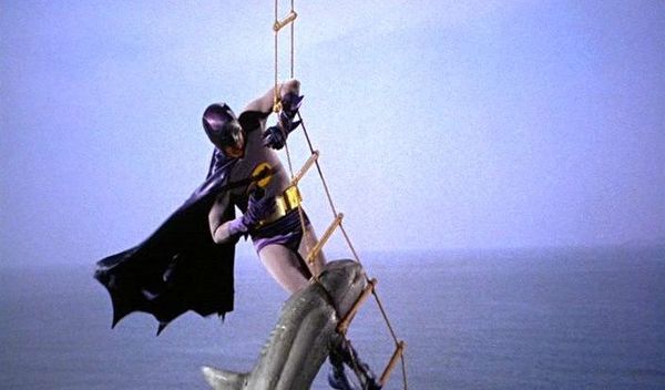 "Hand me the shark repellant Bat-spray!" Semple's caped crusader.