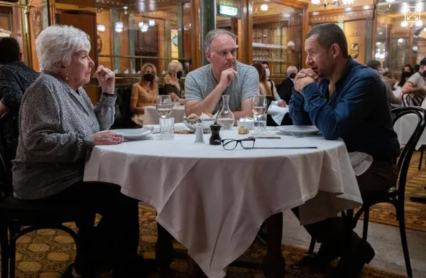Christian Carion, centre, on the set of Driving Madeleine with Line Renaud and Dany Boon. Carion: 'Because of the pandemic, we had to imagine another way of shooting, in the studio. We did it for Line, because when we shot she was 93, so she was very precious'