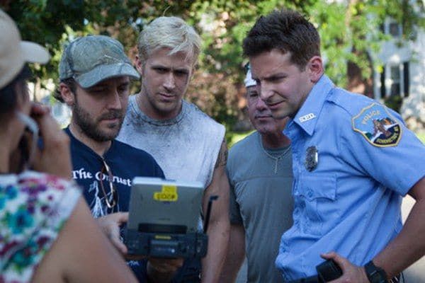 Derek Cianfrance on the set of The Place Beyond The Pines with Ryan Gosling and Bradley Cooper