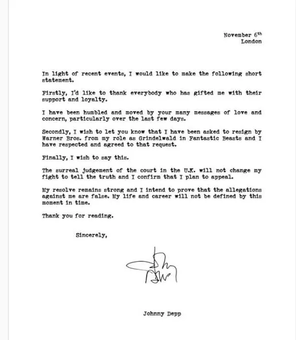 Jonny Depp's Instagram post